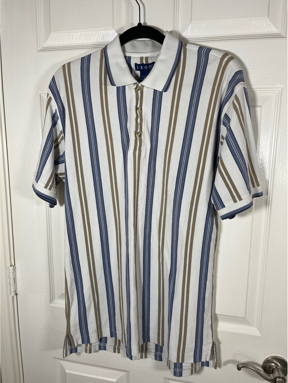 IZOD striped short sleeve polo shirt white blue tan size Med